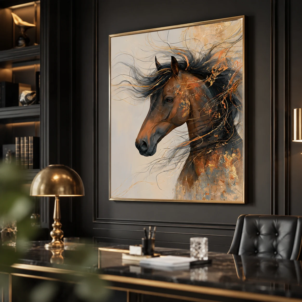 Arte Digital + Mockups - Cavalo Marrom Detalhes Dourados
